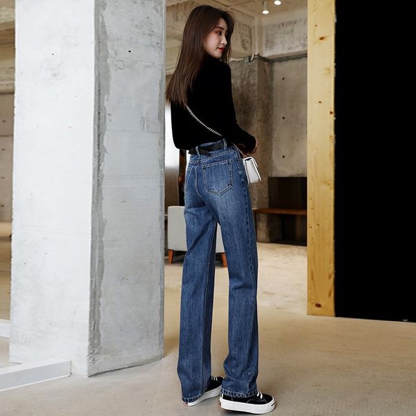

floor pants women's spring 2020 new korean version loose high waist thin and sagging straight tube wide leg jeans trend, Blue