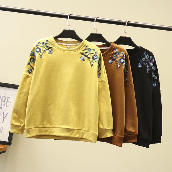 

женщины с длинным рукавом толстовка 2020 весна пуловер плечи вышивкой большого размером hoody для женской свободных топов s79-8068, Black