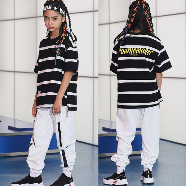 

summer children hip-hop clothing loose striped t-shirt jazz dance performance costume handsome boys street suit dl5451, Black;red