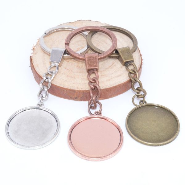 

wholesale round cabochon keychain settings base dia 25mm diy blank metal key chain accessories custom key chain keyring making bezels, Slivery;golden