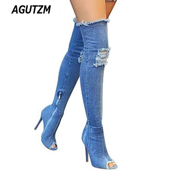 

women boots over the knee boots high heels autumn peep toe elastic jeans summer fashion plus size, Black
