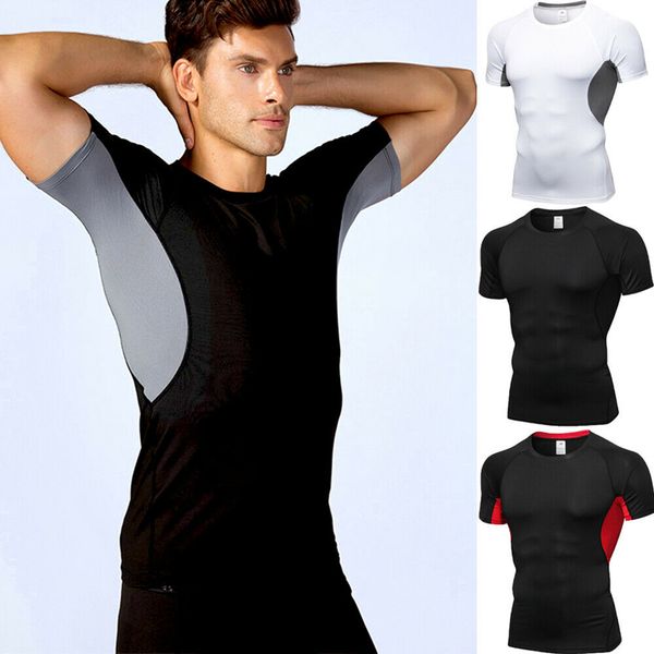 

men sports gym t-shirt bodybuilding fitness training workout muscle breathable tee, Black;blue
