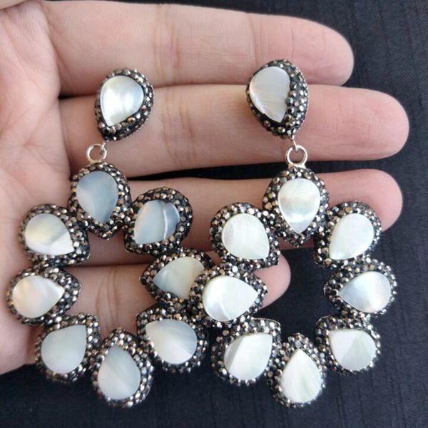 

white shell pearl dangle drop earrings with black rhinestone women's earrings fashion trendy jewelry vintage earrings gift, Silver