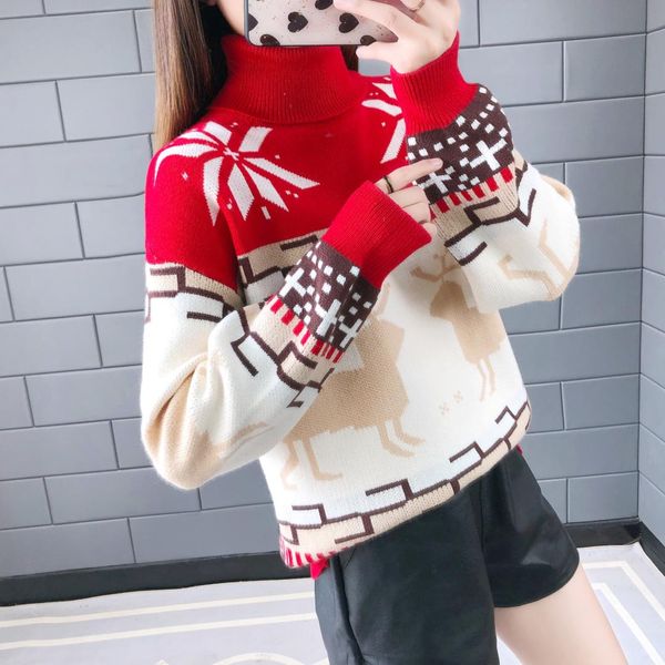 

women ugly christmas sweater turtleneck sweater korean loose thicken pullover christmas elk warm winter, White;black