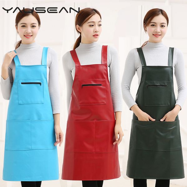 

new fashion lady men leather high-grade kitchen apron for cooking baking restaurant women pu waterproof pinafore home tools