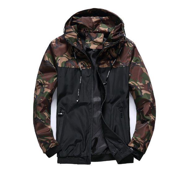 

men's 2019 plus size camouflage jacket new design patchwork zipper windbreaker male hooded spring autumn outer wear, Black;brown