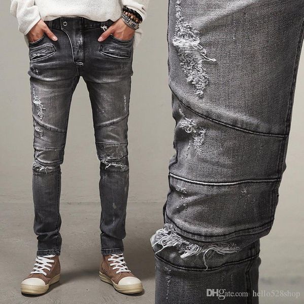 

men's popular street bursts biker jeans locomotive holes slim jeans personality tide jean pants high quality, Blue