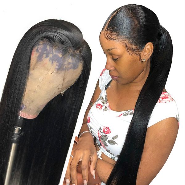

24 inch long 360 lace frontal wigs brazilian straight full 13x6 lace front human hair wig pre plucked with baby hair 250 density, Black