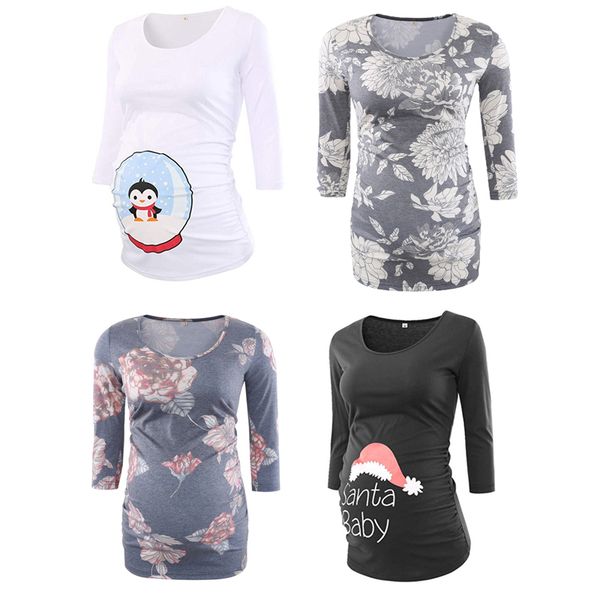 

maternity tees christmas printed t-shirts medium length three quarter round neck flower solid leisure stripe regenerated cellulose fiber 23, White