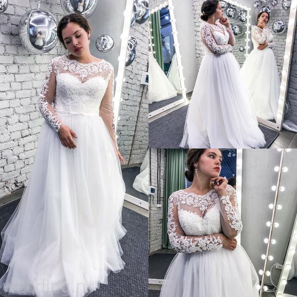 

2020 plus size wedding dresses lace appliqued sweep train jewel neck boho long sleeve wedding dress custom made beach robes de mariÃ©e, White