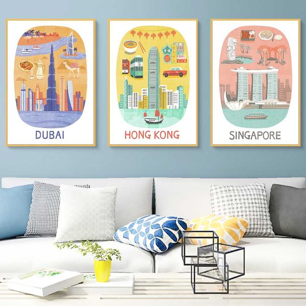 

hong kong dubai helsinki singapore paris travel canvas painting vintage kraft posters coated wall stickers decor family gift