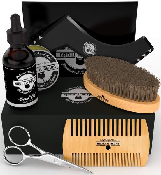 MOQ 100 pcs personalizado logotipo cabelo pente, escova, óleo barba, bálsamo e tesoura amazon fornecedor kit de grooming para homem em caixa de presente