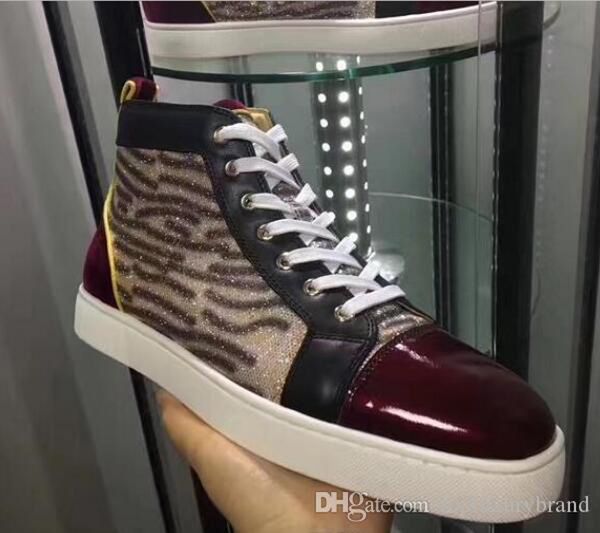 

франция мужская шикарные designs red bottom тапки блеск стразы кожа с винно-красного шипы high top sneakers party wedding повседневный обуви, Black