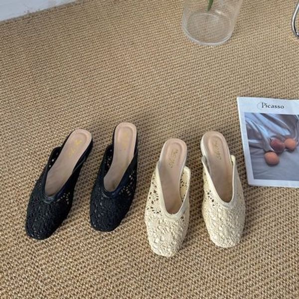 

новый mid-heel дышащий lace женская обувь 2020 корейский моды outer wear hollow вскользь тапочки, Black