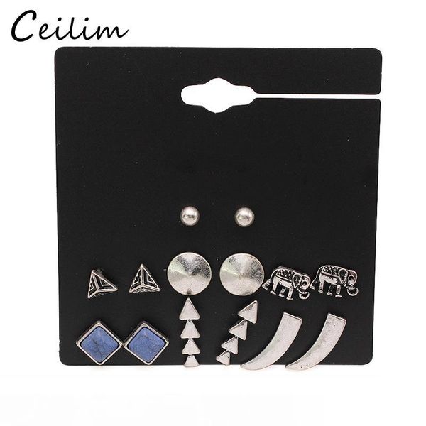 

мода ювелирные изделия 7 пар набор простой геометрической формы серьги стержня набор для женщин старинные слон стрелки треугольник серьги ст, Golden;silver