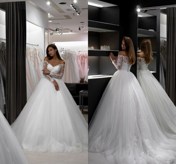 

sparkly sequin tulle ball gown wedding dresses off the shoulder with long sleeves lace reception dress bridal gowns, White