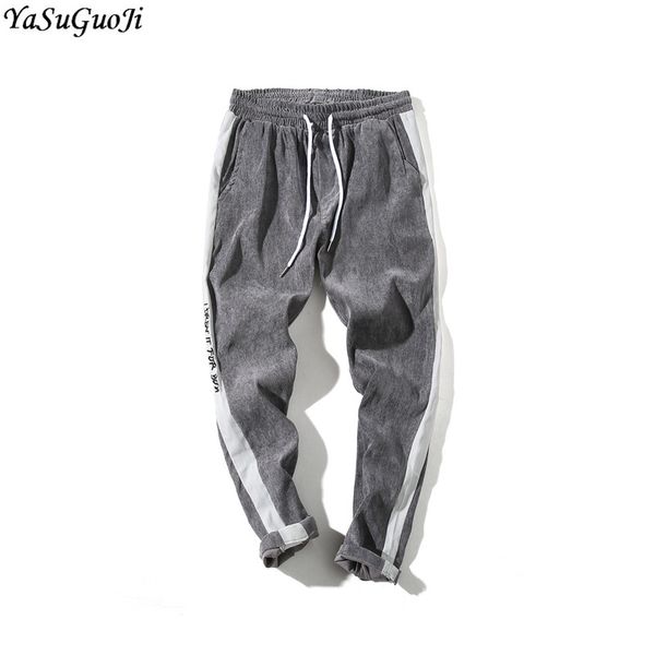 

yasuguoji new 2019 autumn casual corduroy ankle-length pants men fashion embroidery spliced track pants with side stripe men, Black