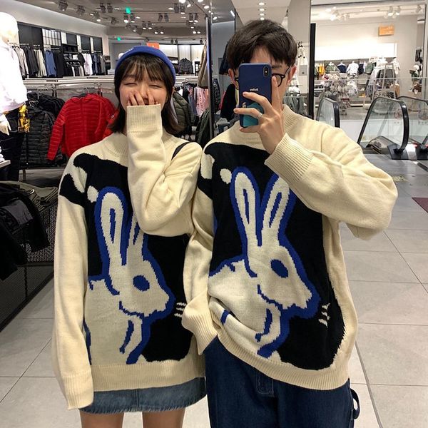 

men's sweaters fall / winter 2021 korean couple half-high collar thicken knitting animal print loose casual sweater, White;black