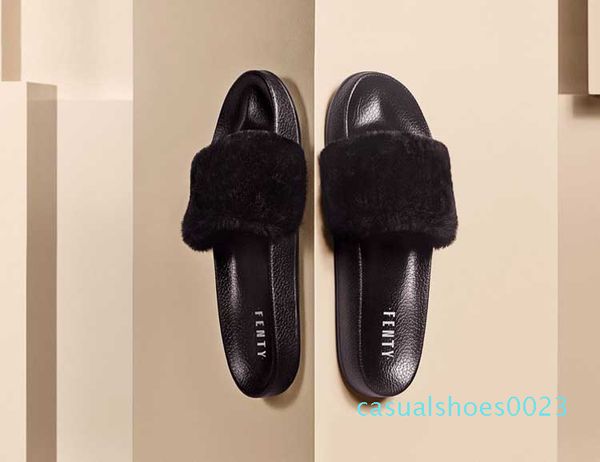 

2017 new rihanna leadcat fenty fashion color slipper faux fur burgundy slide slippers ladies indoor purple pink sandals, Black