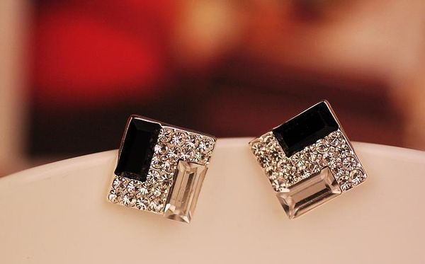 

elegant womens black and white inlaid diamonds earrings not fading ear studs glittering drill imbue zircon square earrings no irritation, Silver