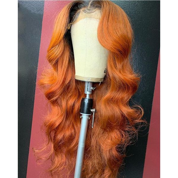 Parrucca per capelli umani anteriori in pizzo arancione 13*4 parrucche per capelli Remy bicolore con onda del corpo con bambino per le donne