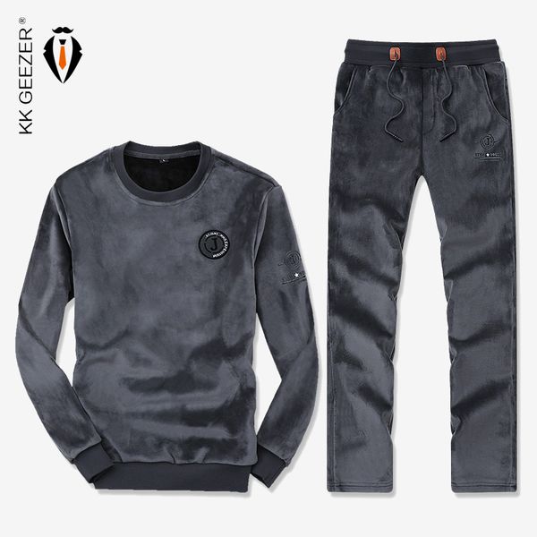 

men sweatshirt suit mens leisure coat men luxury pleuche fabric slim fit thick fashion sport (sweatshirt+pants, Gray