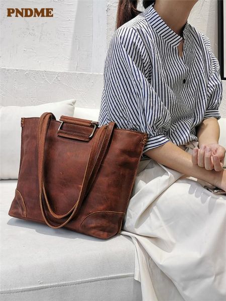 

pndme fashion vintage genuine leather ladies tote bag casual simple cowhide women's shopping shoulder bag handmade brown handbag