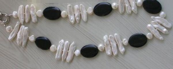 

beautiful popular black bead biwa fw cultured white pearl necklace, Silver