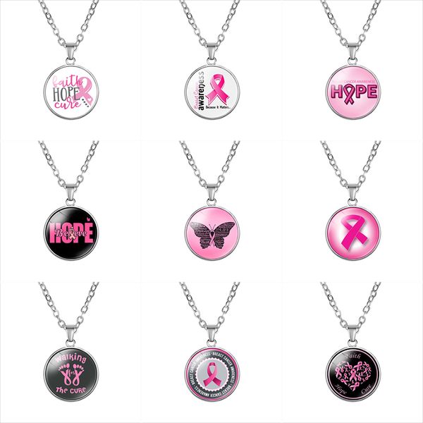 

12 стилей ожерелья осведомленности рака молочной железы для женщин розовая лента стеклянная подвеска вера надежда вылечить поверить мода под, Silver