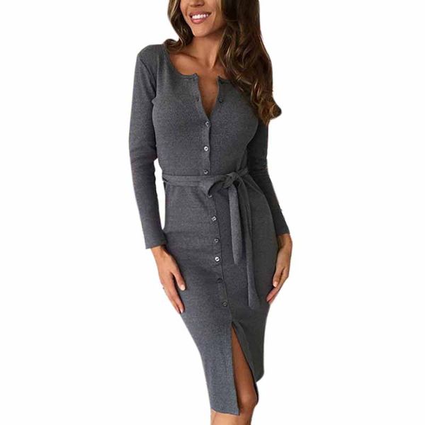 

women dress autumn evening lace up fashion party long sleeve solid color casual slim fit ladies dress, Black;gray