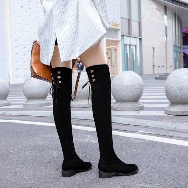 

winter new women's fashion boots the round head lace-up low-heeled women's over the knee boots plus heel height 3cm nubuck, Black