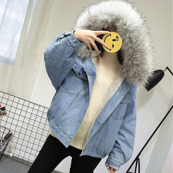 Elexs giacca di jeans spessa in velluto femminile inverno grande collo di pelliccia cappotto di agnello da locomotiva coreana cappotto corto da studentessa 72510