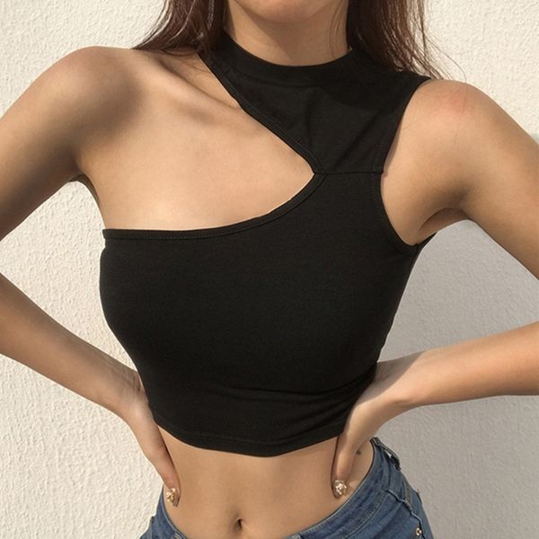 

women vest crop cut out sleeveless slim round neck camisole short off shoulder tank vest two color, White