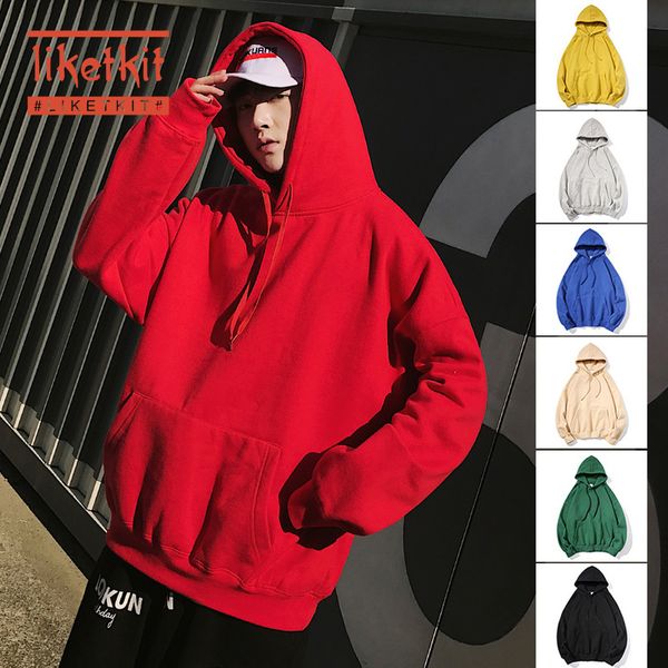 

liketkit men's casual hoodies 2019 men solid fleece thicken hooded sweatshirts male loose autumn winter streetwear basic color, Black