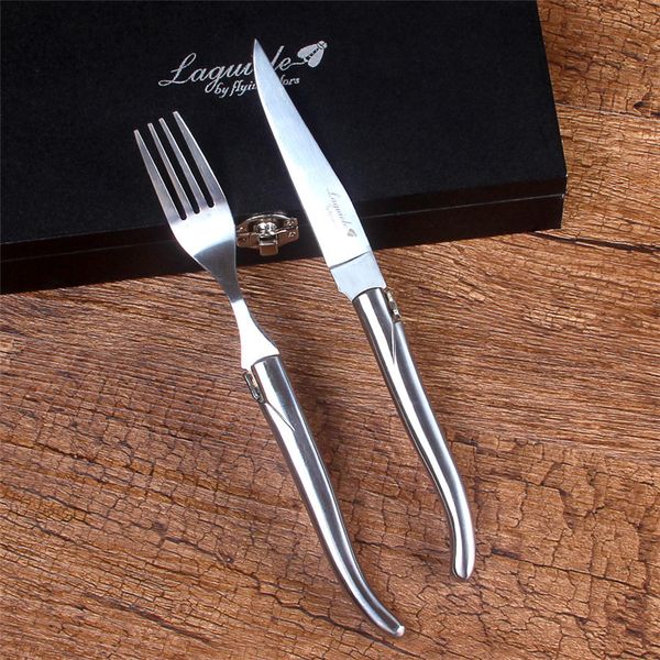 

6pcs laguiole style dinner set solid stainless steel steak knives forks christmas tableware gift kitchen cutlery in black box