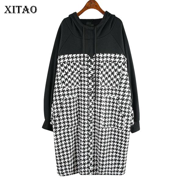 

xitao patchwork vintage plaid loose dress women 2019 winter hooded collar fashion tide style long sleeve natural waist zll4549, Black;gray