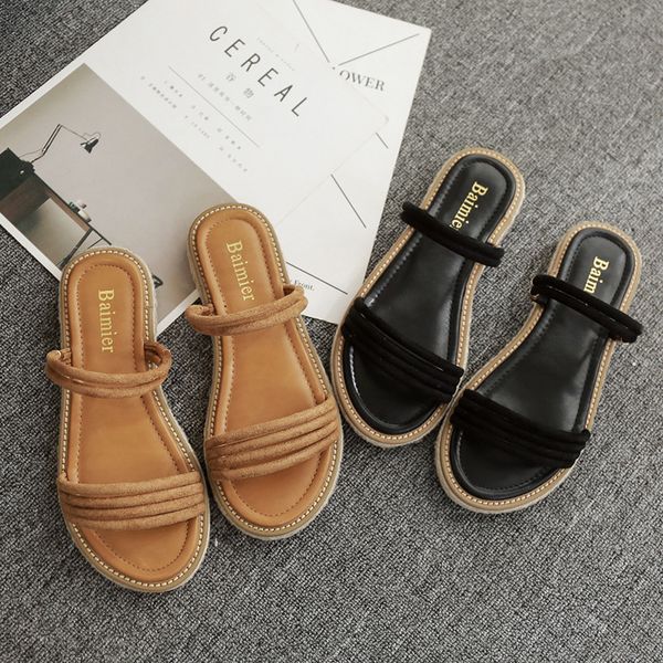 

house slippers platform rubber flip flops flat shoes female low slipers women slides hawaiian 2020 basic rome buckle strap, Black