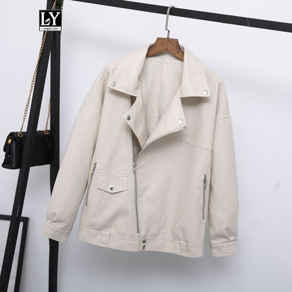 

ly varey lin autumn women faux leather jacket loose soft pu motorcycle black punk jacket turndown collar zipper rivet overcoat