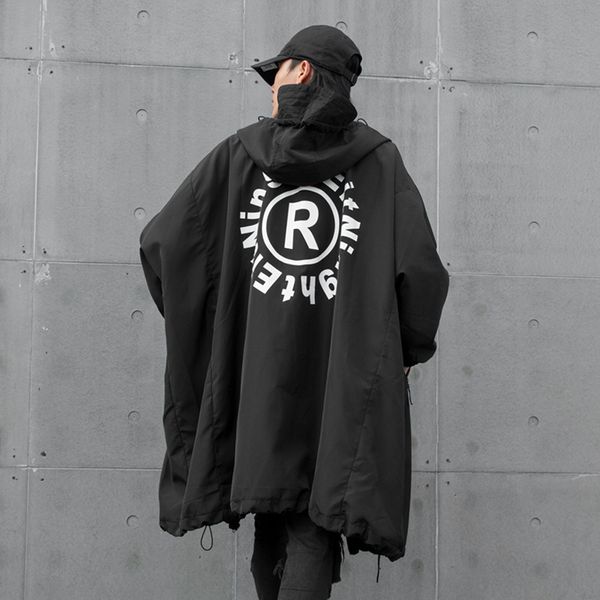 

men's trench coats men oversize loose long style hooded windbreaker jacket male women streetwear hip hop gothic black casual coat outer, Tan;black