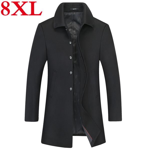 

men's wool & blends plus size 8xl winter jacket high-quality coat casual slim collar long cotton trench, Black