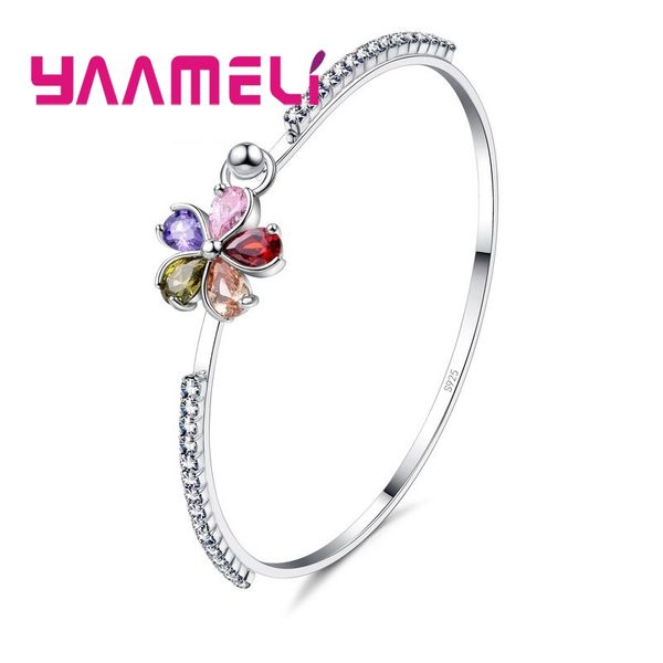 

summer sale nice gift for women austrian crystal bangle bracelets 925 sterling silver flower charms metal wedding jewelry, Black