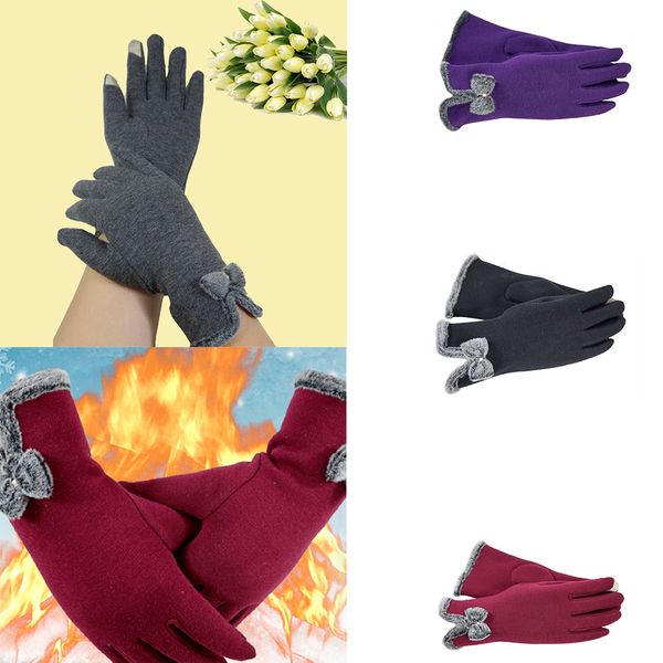 

women winter outdoor sport cashmere bowknot warm keeping touch screen glove riding skiing bike cycling gloves, Black