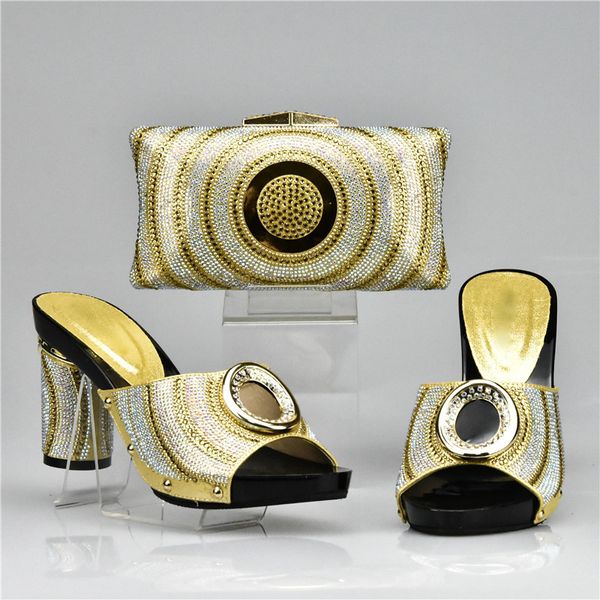 

new arrival gold color shoes and bag set decorated with rhinestone nigerian women wedding shoes and bag set shoes, Black