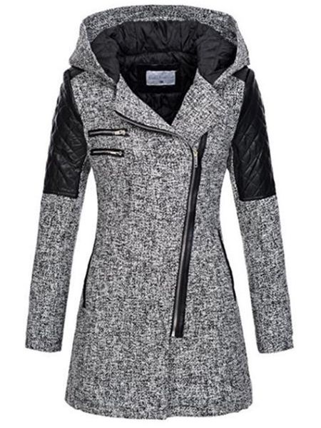 

women long woolen coat autumn winter stylish patchwork hooded zipper casual overcoat england style ladies elegant outerwear, Black