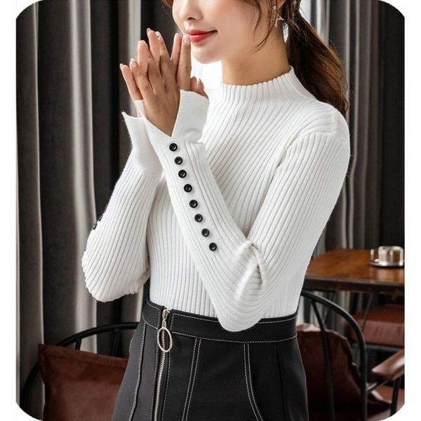 

ropalia women sweater slim bell sleeved half high collar slim winter bottom sweater autumn button sleeve, White;black
