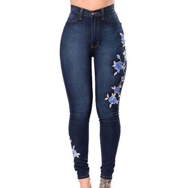 

flower embroidered elastic denim pencil pant women jean female skinny jeans pant pantalon women bottom trouser, Blue