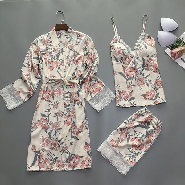 

floral sleepwear set silk satin robe pajama set 3 pieces lace home clothing summer nightwear for women, Blue;gray