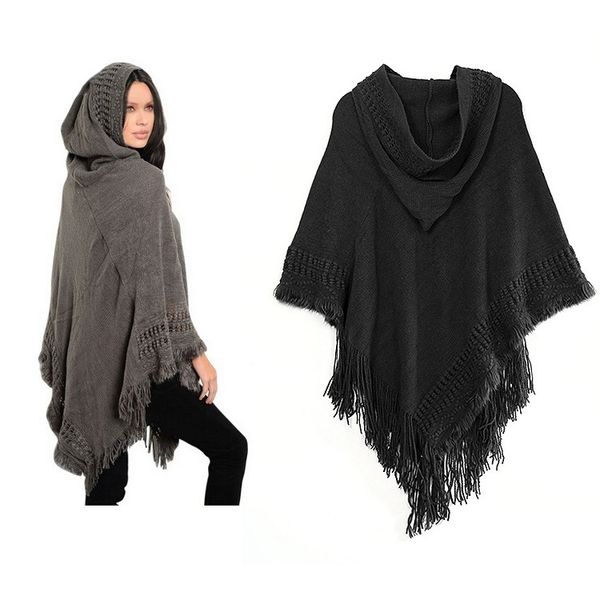 

2018 new female hooded cloak cloak hollow tassel hollow sweater loose shawl, Black
