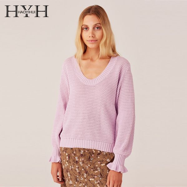 

hyh haoyihui autumn sweet wind basic loose low round neck long sleeve wooden ear sleeves casual solid color light purple sweater, White;black