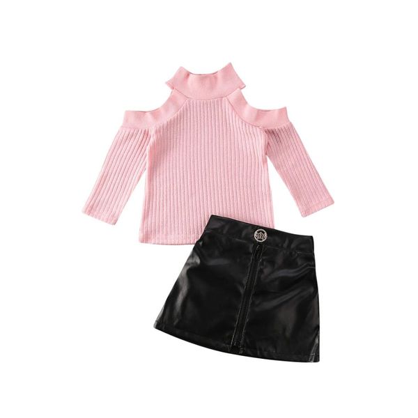 

new baby girls kids clothes off shoulder pullover sweater pu skirt set, White